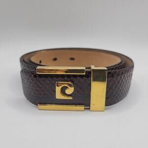 VTG Evan Picone Belt Mens 36 Brown Snakeskin Leather Gold Logo Plaque Buckle 80s